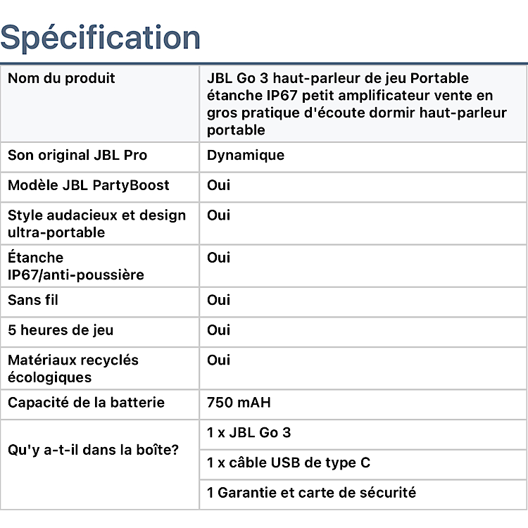 Enceinte JBL Sans Fil Portable étanche GO 3