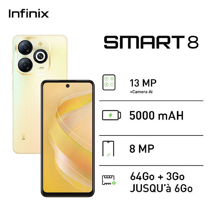 Infinix Smart 8 - 6.6" - 4G - 3/64 Go - 13 MP -2 SIM - 5000 MAh - Or - 12 Mois Garantie