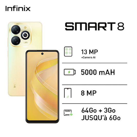 Infinix Smart 8 - 6.6" - 4G - 3/64 Go - 13 MP -2 SIM - 5000 MAh - Or - 12 Mois Garantie