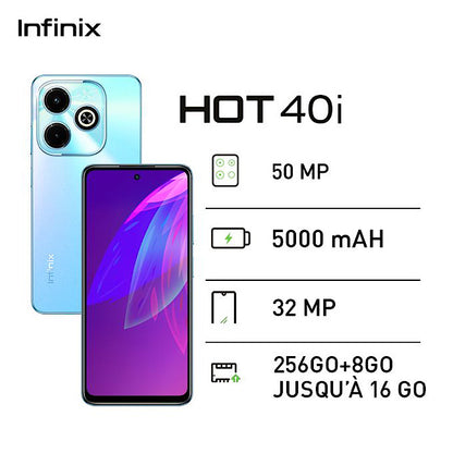 Infinix HOT 40i - 256Go + 8Go - 50 MP - 2 SIM - 5000 MAh - Bleu - 12 Mois Garantie