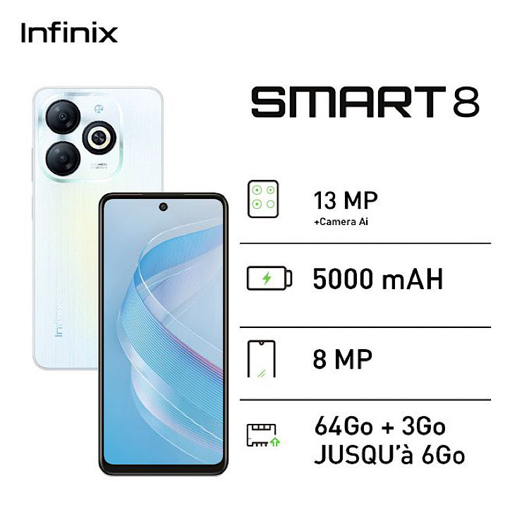 Infinix Smart 8 - 6.6" - 4G - 3/64 Go - 13 MP -2 SIM - 5000 MAh - Or - 12 Mois Garantie