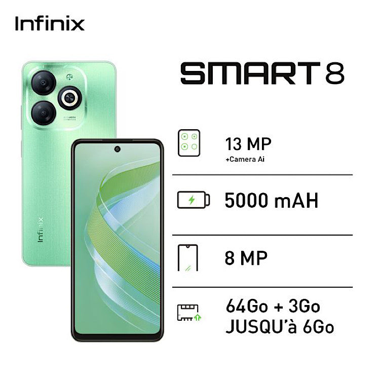 Infinix Smart 8 - 6.6" - 4G - 3/64 Go - 13 MP -2 SIM - 5000 MAh - Or - 12 Mois Garantie